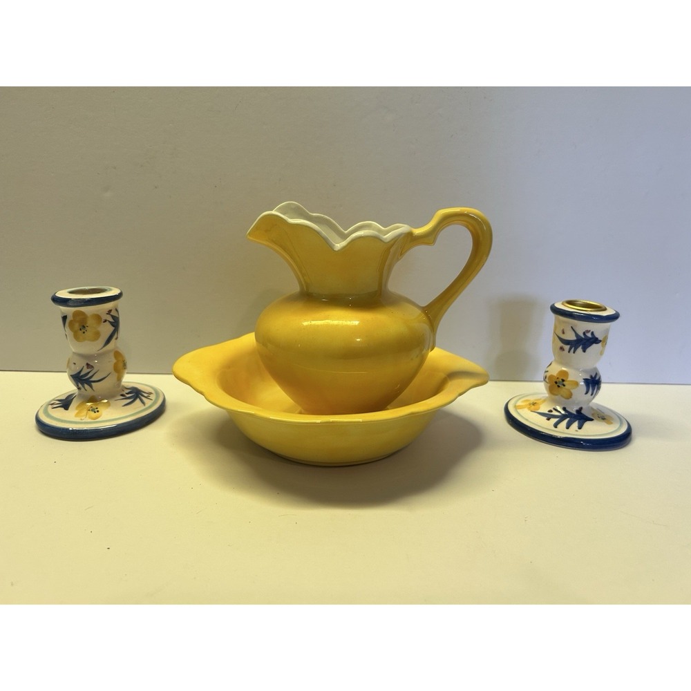 Vintage Pitcher Wash Basin Matching Bowl Set Yellow And Hand Panted Candlesticks